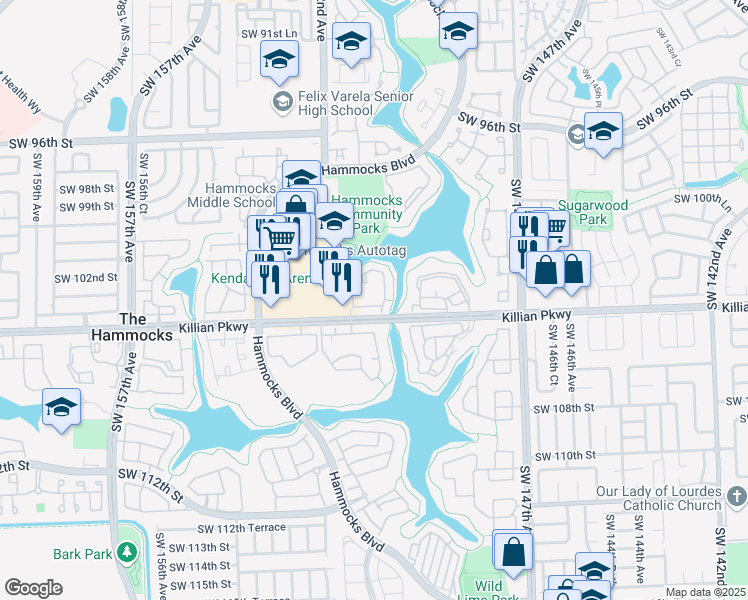 map of restaurants, bars, coffee shops, grocery stores, and more near 15051 Southwest 103rd Lane in Miami