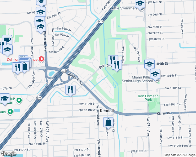 map of restaurants, bars, coffee shops, grocery stores, and more near 12320 Southwest 105th Street in Miami
