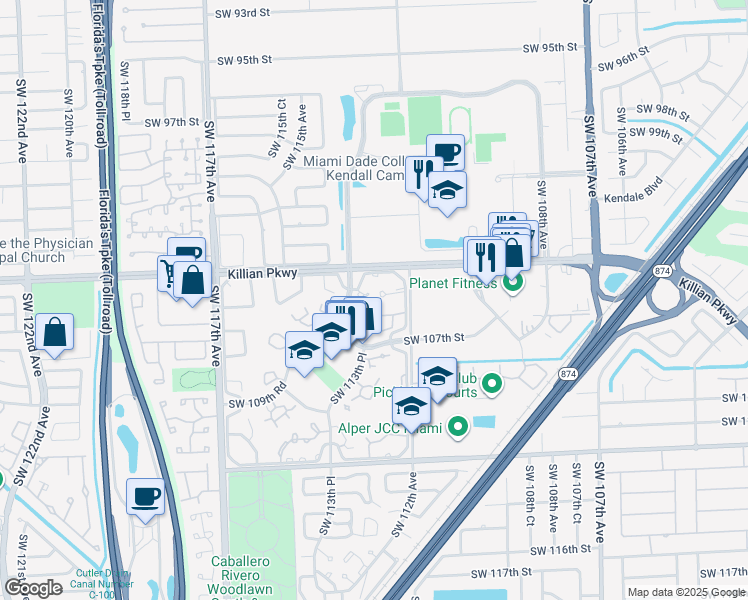 map of restaurants, bars, coffee shops, grocery stores, and more near 10545 Southwest 113th Place in Miami