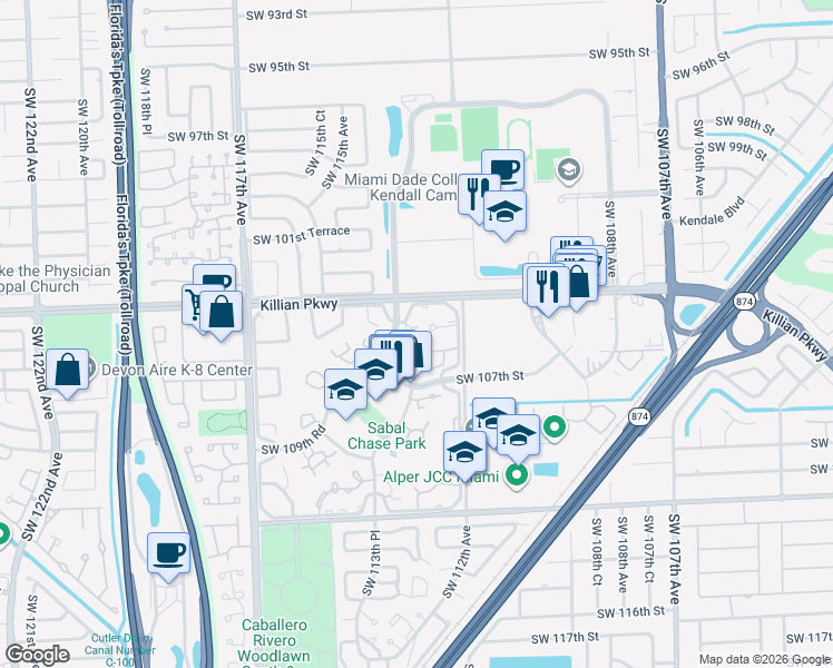 map of restaurants, bars, coffee shops, grocery stores, and more near 10531 Southwest 113th Place in Miami