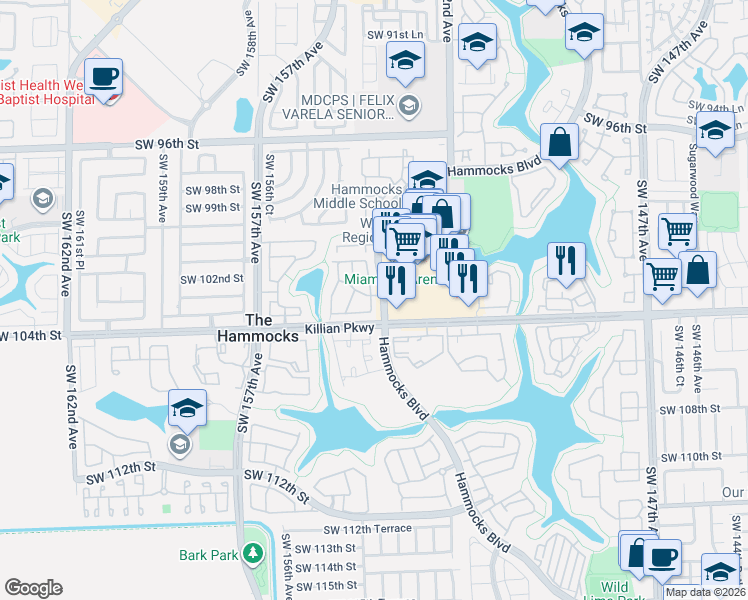 map of restaurants, bars, coffee shops, grocery stores, and more near in The Hammocks