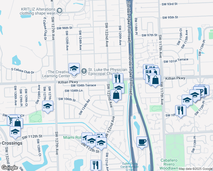 map of restaurants, bars, coffee shops, grocery stores, and more near 10441 Southwest 122nd Court in Miami