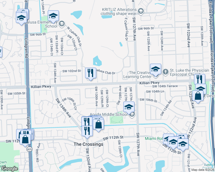 map of restaurants, bars, coffee shops, grocery stores, and more near 12915 Southwest 104th Terrace in Miami