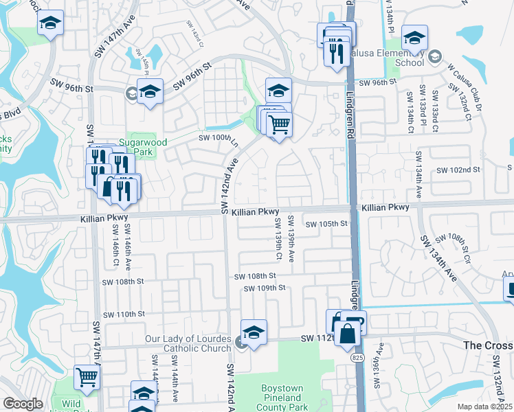 map of restaurants, bars, coffee shops, grocery stores, and more near 13944 Southwest 103rd Terrace in Miami