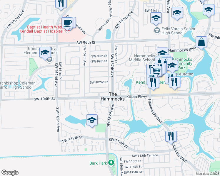 map of restaurants, bars, coffee shops, grocery stores, and more near 10293 Southwest 157th Court in Miami