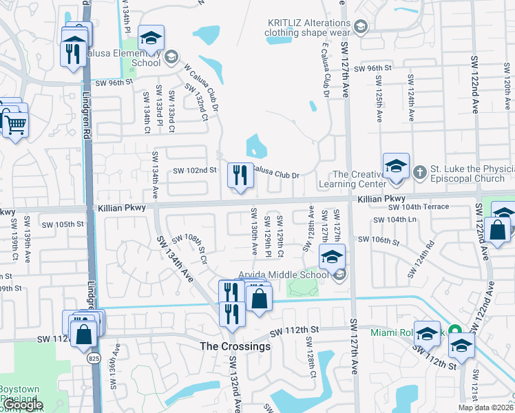 map of restaurants, bars, coffee shops, grocery stores, and more near 10415 Southwest 130th Avenue in Miami