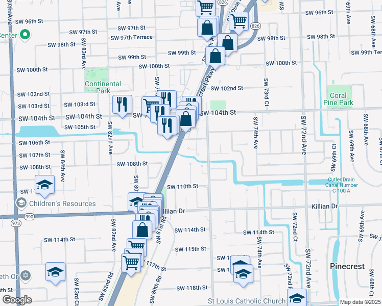 map of restaurants, bars, coffee shops, grocery stores, and more near 7770 Southwest 106th Terrace in Pinecrest