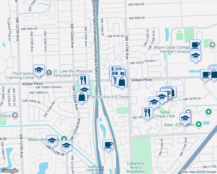 map of restaurants, bars, coffee shops, grocery stores, and more near 10437 Southwest 118th Avenue in Miami