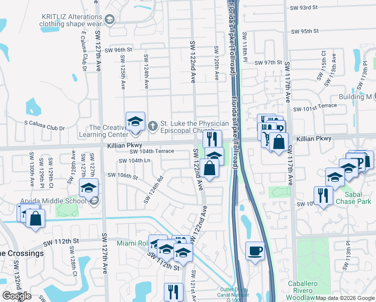 map of restaurants, bars, coffee shops, grocery stores, and more near 10441 Southwest 122nd Court in Miami