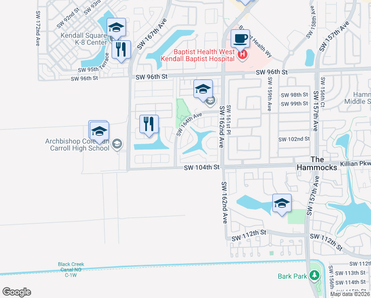 map of restaurants, bars, coffee shops, grocery stores, and more near 16306 Southwest 102nd Street in Miami