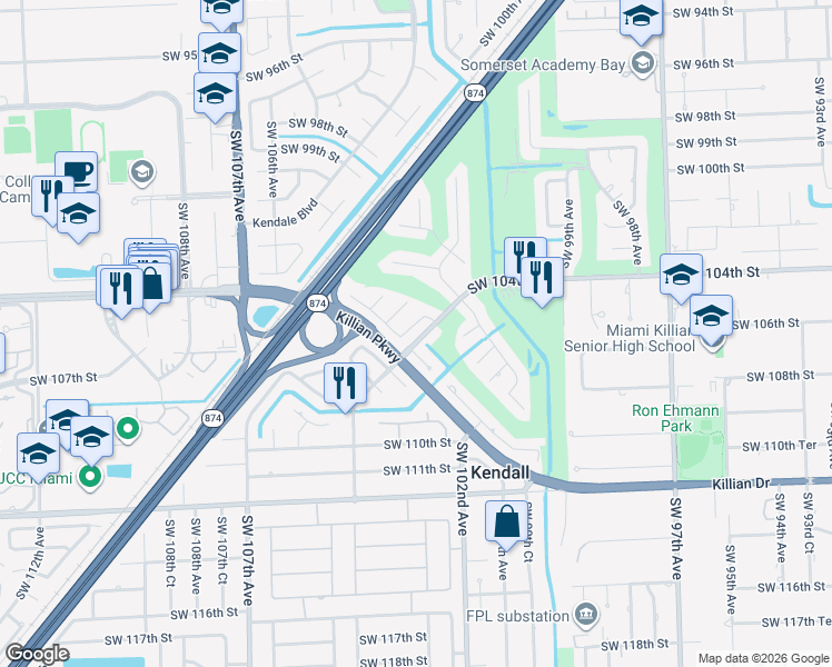 map of restaurants, bars, coffee shops, grocery stores, and more near 10310 Southwest 103rd Lane in Miami