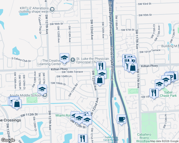 map of restaurants, bars, coffee shops, grocery stores, and more near 2221 Southwest 122nd Court in Miami