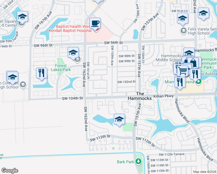 map of restaurants, bars, coffee shops, grocery stores, and more near 10255 SW 159th Ct in Miami