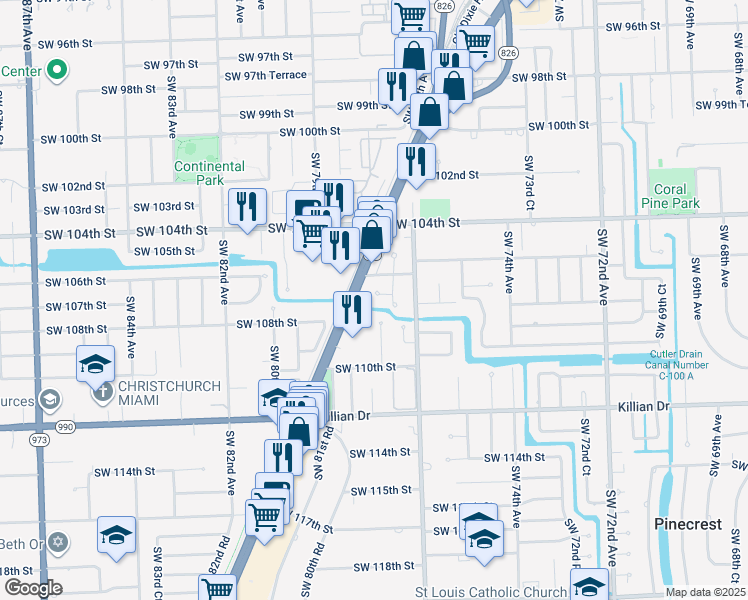 map of restaurants, bars, coffee shops, grocery stores, and more near 7770 Southwest 106th Terrace in Pinecrest