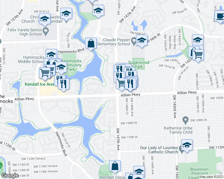 map of restaurants, bars, coffee shops, grocery stores, and more near 10300 Southwest 147th Court Circle in Miami