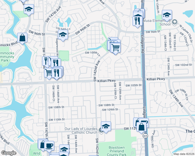 map of restaurants, bars, coffee shops, grocery stores, and more near 10364 Southwest 141st Court in Miami
