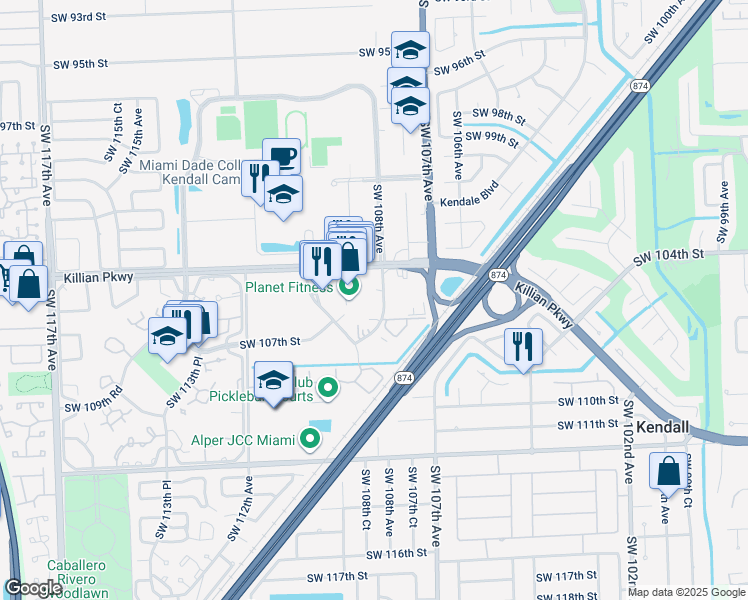 map of restaurants, bars, coffee shops, grocery stores, and more near 10500 Southwest 108th Avenue in Miami