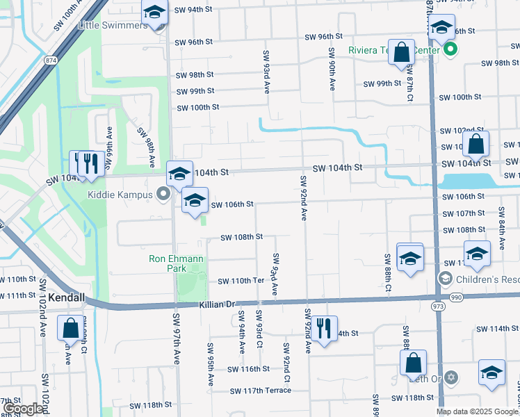 map of restaurants, bars, coffee shops, grocery stores, and more near 10601 Southwest 93rd Court in Miami