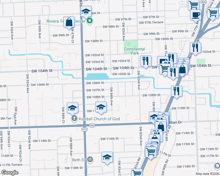 map of restaurants, bars, coffee shops, grocery stores, and more near 8405 Southwest 107th Street in Miami