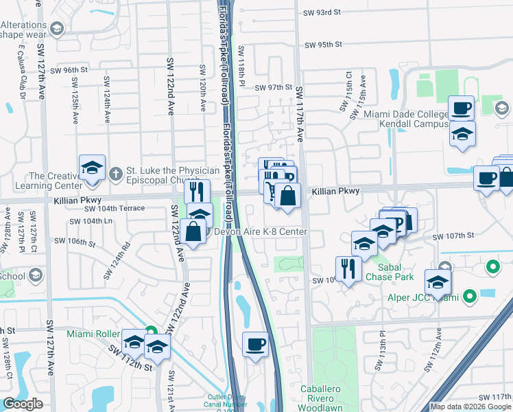map of restaurants, bars, coffee shops, grocery stores, and more near 10437 Southwest 118th Avenue in Miami