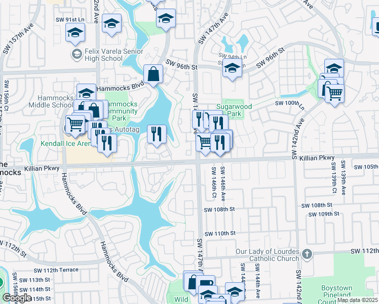 map of restaurants, bars, coffee shops, grocery stores, and more near 10300 Southwest 147th Court Circle in Miami