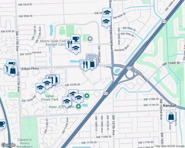 map of restaurants, bars, coffee shops, grocery stores, and more near 10872 Southwest 104th Street in Miami