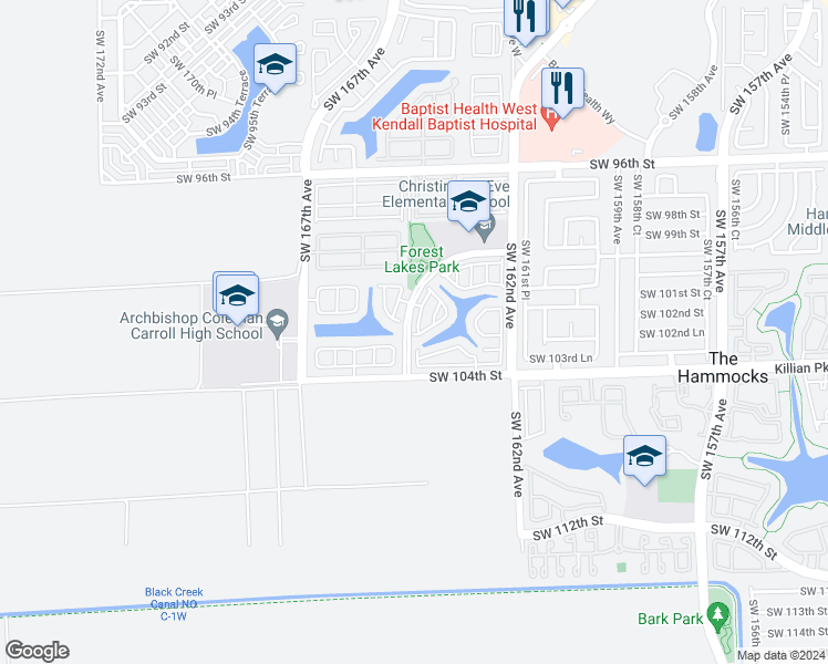 map of restaurants, bars, coffee shops, grocery stores, and more near 10196 Southwest 163rd Place in Miami