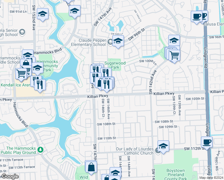 map of restaurants, bars, coffee shops, grocery stores, and more near 10330 Southwest 146th Avenue in Miami