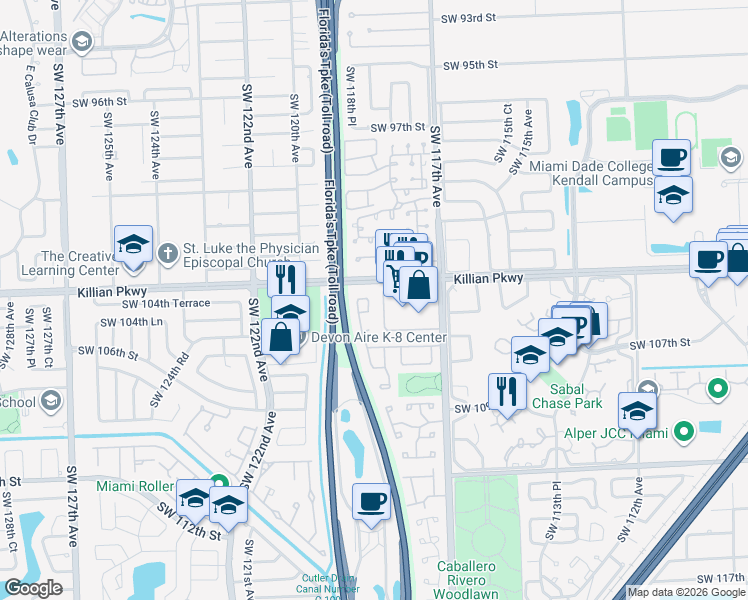 map of restaurants, bars, coffee shops, grocery stores, and more near 10437 Southwest 118th Avenue in Miami