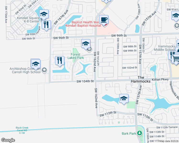 map of restaurants, bars, coffee shops, grocery stores, and more near 16273 Southwest 102nd Terrace in Miami