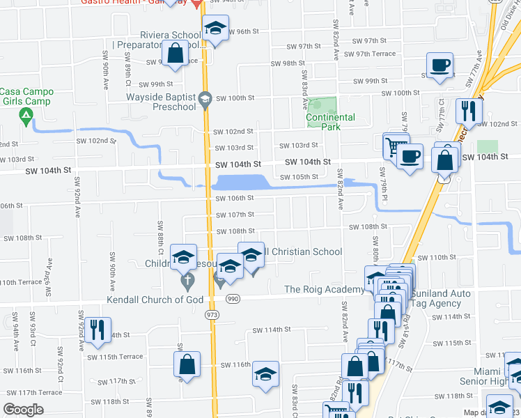 map of restaurants, bars, coffee shops, grocery stores, and more near 8445 Southwest 107th Street in Miami