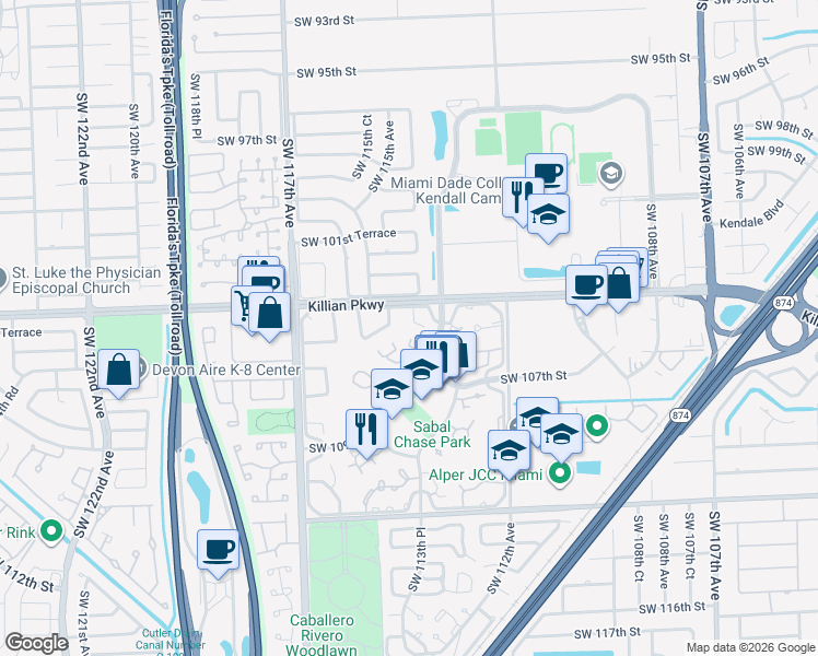 map of restaurants, bars, coffee shops, grocery stores, and more near 10515 Southwest 114th Court in Miami