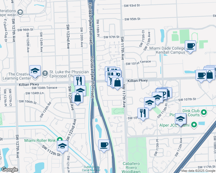 map of restaurants, bars, coffee shops, grocery stores, and more near 10437 Southwest 118th Avenue in Miami