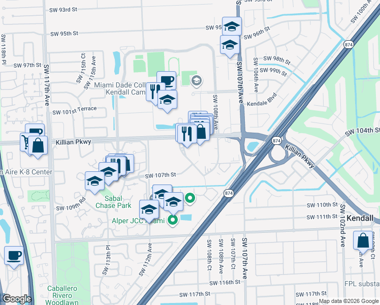 map of restaurants, bars, coffee shops, grocery stores, and more near 10511 Southwest 109th Court in Miami