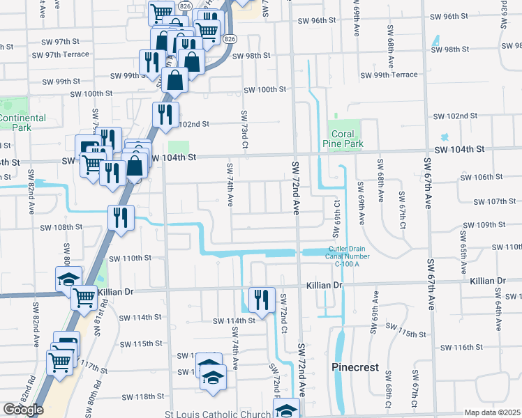 map of restaurants, bars, coffee shops, grocery stores, and more near 10740 Southwest 73rd Avenue in Miami