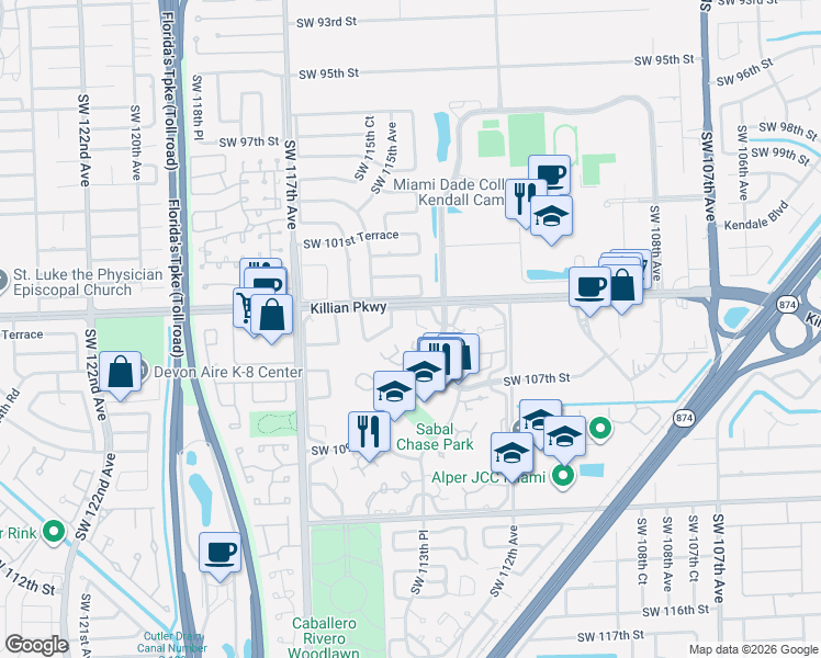 map of restaurants, bars, coffee shops, grocery stores, and more near 10424 Southwest 114th Court in Miami