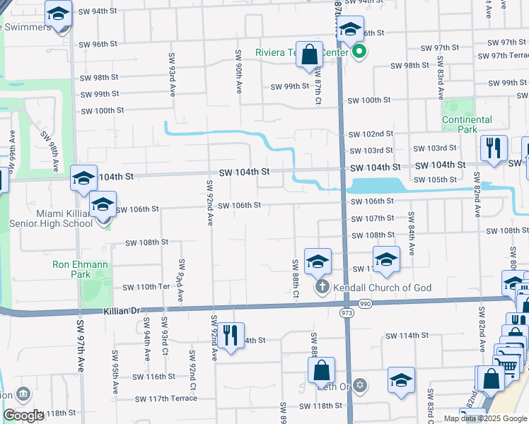 map of restaurants, bars, coffee shops, grocery stores, and more near 10630 Southwest 89th Court in Miami