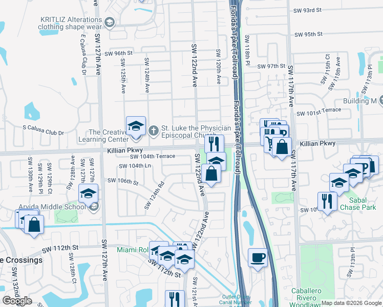 map of restaurants, bars, coffee shops, grocery stores, and more near 2221 Southwest 122nd Court in Miami