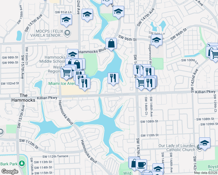 map of restaurants, bars, coffee shops, grocery stores, and more near 14915 Southwest 104th Street in Miami