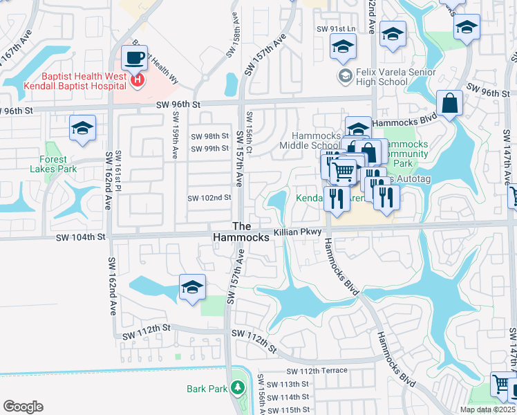 map of restaurants, bars, coffee shops, grocery stores, and more near 10233 Southwest 156th Avenue in Miami