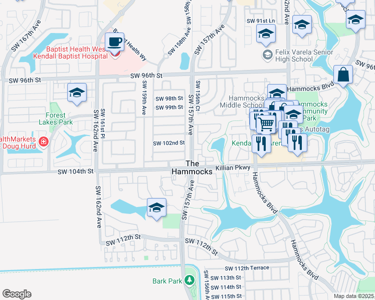 map of restaurants, bars, coffee shops, grocery stores, and more near 10273 Southwest 157th Court in Miami