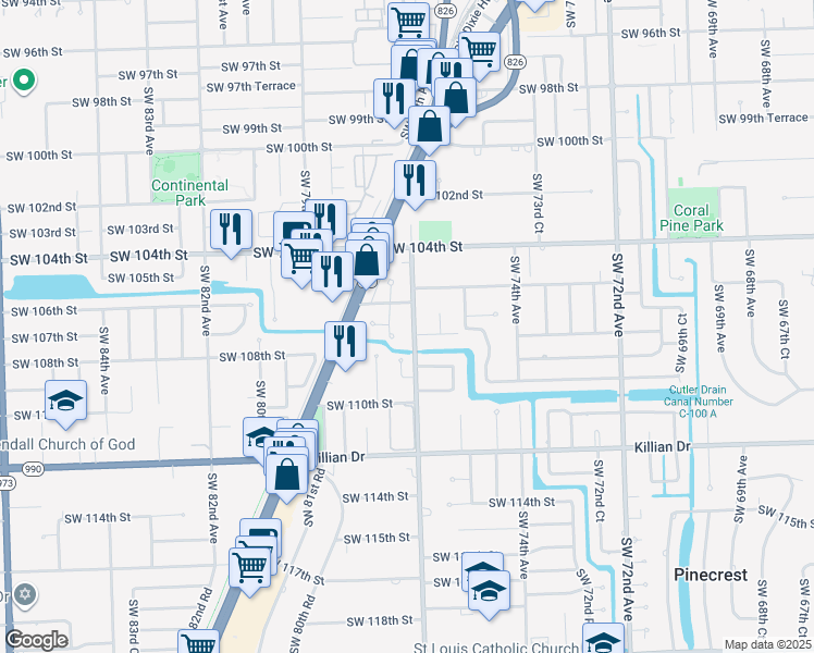 map of restaurants, bars, coffee shops, grocery stores, and more near 10710 Southwest 77th Avenue in Miami