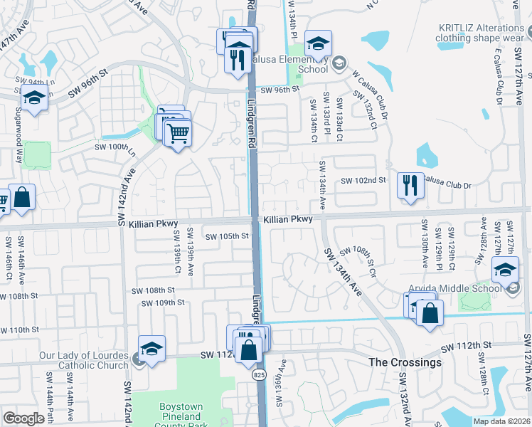 map of restaurants, bars, coffee shops, grocery stores, and more near 10345 Southwest 135th Place in Miami