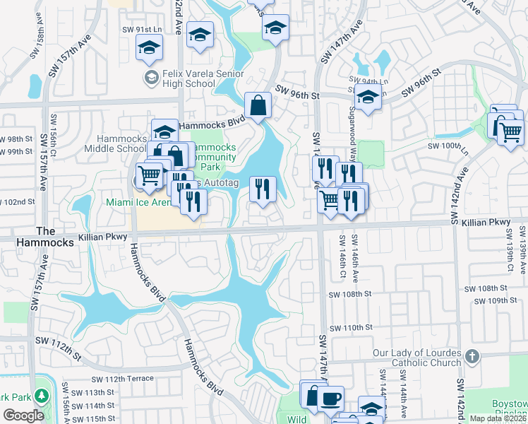 map of restaurants, bars, coffee shops, grocery stores, and more near 14873 Southwest 104th Street in Miami