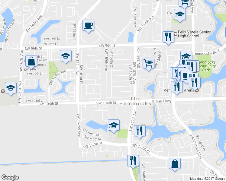 map of restaurants, bars, coffee shops, grocery stores, and more near 15831 Southwest 102nd Lane in Miami