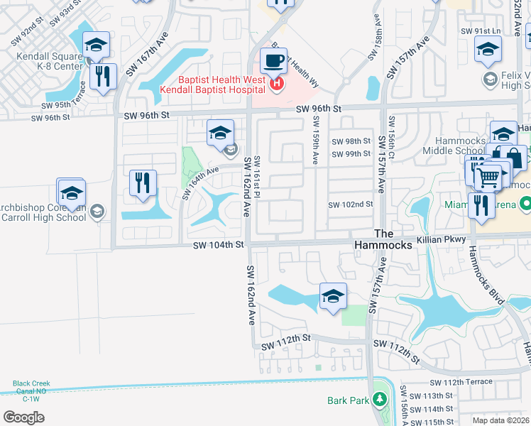 map of restaurants, bars, coffee shops, grocery stores, and more near 10240 Southwest 161st Place in Miami