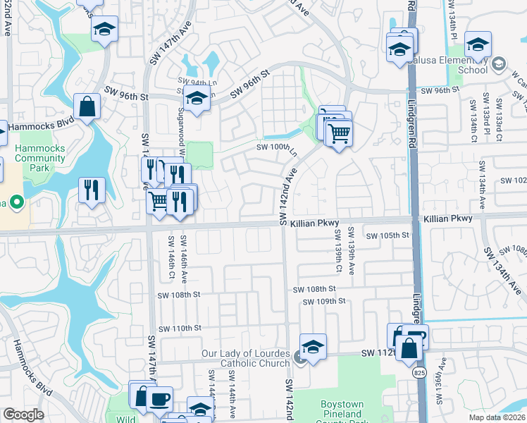map of restaurants, bars, coffee shops, grocery stores, and more near 14257 Southwest 103rd Terrace in Miami
