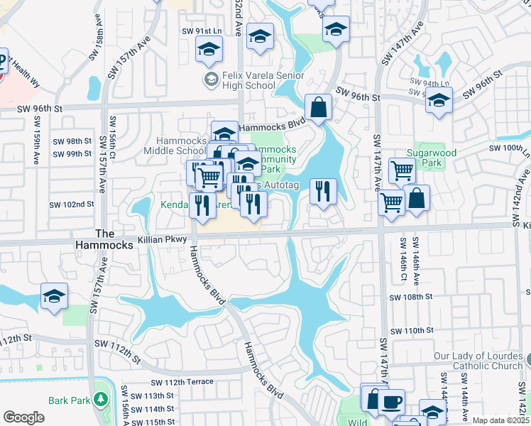 map of restaurants, bars, coffee shops, grocery stores, and more near 10370 Southwest 150th Court in Miami