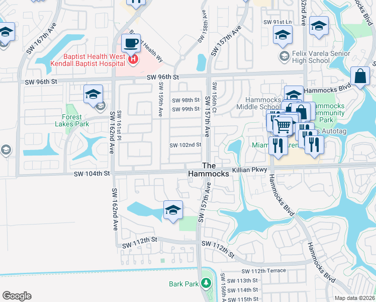 map of restaurants, bars, coffee shops, grocery stores, and more near 15761 Southwest 102nd Lane in Miami