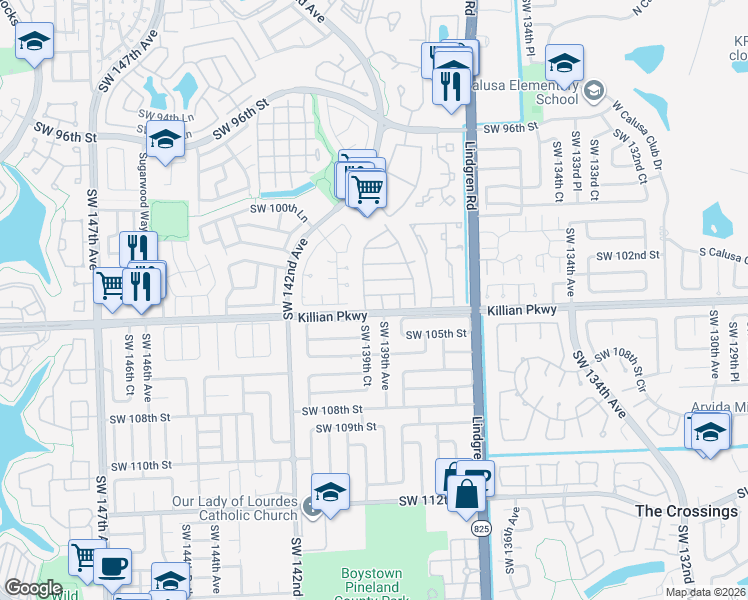 map of restaurants, bars, coffee shops, grocery stores, and more near 10381 Southwest 139th Court in Miami